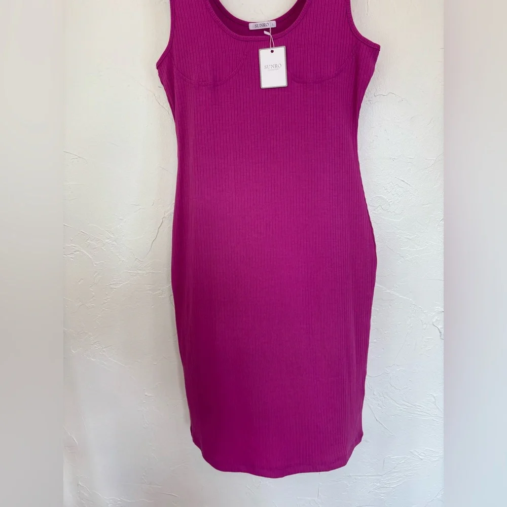 SUNRO Pink Dress Sleeveless Tight Ribbed Vacation Summer Bodycon Cups Sexy Large